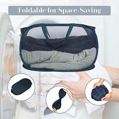 Durable Collapsible Laundry Baskets, Mesh Pop Up Laundry Hamper with Side Pocket, Foldable Clothes Hamper with Reinforced Carry Handles for Laundry, Bathroom, Kids Room, Dorm, Travel 2 Pack Navy Blue - color: 2 x Navy Blue