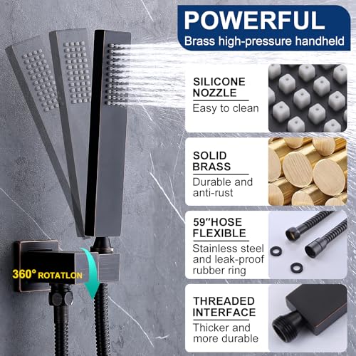Thermostatic Shower System with 14x20 Inch Ceiling Mount LED Head & 6 Inch Wall Head and Handheld Shower 4 Function Vale with body jets, Oil Rubbed Bronz - color: Oil Rubbed Bronz, style: 14x20 led+6 jets