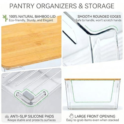 CiWiVOKi 6 Pack Clear Stackable Storage Bins with Bamboo Lids, Trash Bag Holder Dispenser Under Sink Organizer for 4-13 Gal Bags, Plastic Storage Containers for Pantry Bathroom Kitchen Organization - size: 6 Pack