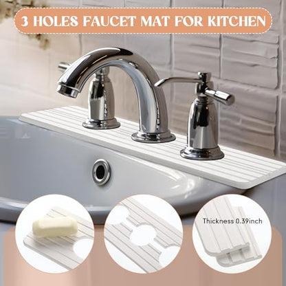 Teenyyou 3 Square Hole White Faucet Mat Kitchen Sink 16.14" x 4.49" | Bathroom Faucet Absorbent Mat,Diatomite Splash Guard,Quick Drying Drip Catcher,Hole 1.97",Holes Spaced About 1.97" - color: White, style: 3 Hole