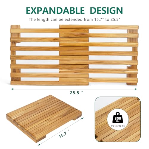 Teak Shower Mat – Adjustable Length Wooden Bathroom Mat, Non-Slip Bath Mat, Sauna Mat for Spa, Sauna Room, Pool, Indoor Outdoor Flooring