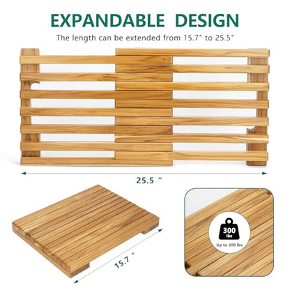 Teak Shower Mat – Adjustable Length Wooden Bathroom Mat, Non-Slip Bath Mat, Sauna Mat for Spa, Sauna Room, Pool, Indoor Outdoor Flooring
