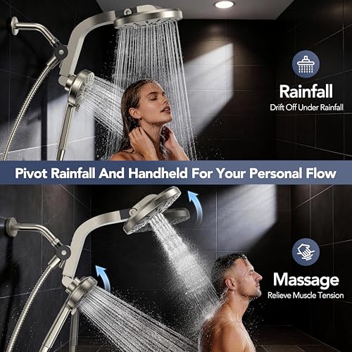 High Pressure Rain Showerhead Combo, Magnetic Shower Head Set with Detachable 8-Mode Handheld Shower Spray, Adjustable Angle Dual Showerhead with Built-in Magnetic Docking, Power Jets Brushed Nickel - color: Brushed Nickel