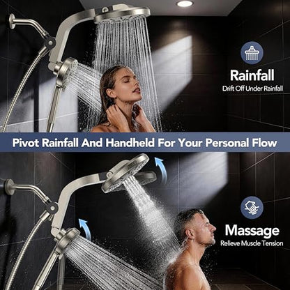 High Pressure Rain Showerhead Combo, Magnetic Shower Head Set with Detachable 8-Mode Handheld Shower Spray, Adjustable Angle Dual Showerhead with Built-in Magnetic Docking, Power Jets Brushed Nickel - color: Brushed Nickel