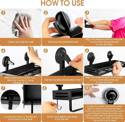 Suction Cup Shower Caddy With 5 Hooks & Towel Rrack 11.8inch Black | No Drilling Shower Organizer with Large Capacity, Rust-resistant Bathroom Organizer, Heavy Duty Shower shelves for Bathroom - size: 11.8 inches(US)