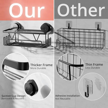 KEGII Suction Cup Shower Caddy Shower Organizer Shelf Bathroom Storage | 2 Pack Stainless Steel No Drill Shower Suction Shelf with Soap Holder & Hooks, Shampoo Holder Bathroom Basket, Black - color: Matte Black