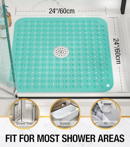 HITSLAM Square Shower Mat, Non Slip PVC Stall Mat, 24"x24", Green | Power Grip Suction Cups, Center Drain Hole, Built-In Hanging Holes, Machine Washable Bathroom Floor Mat, Soft On Feet - color: Mint Green