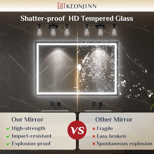 Keonjinn 30 x 30 Inch Lighted Mirrors for Bathroom Wall, Bluetooth Speaker | Frontlit & Backlit LED Mirror for Bathroom, HD Tempered Glass, 3000K/4500K/6000K, Dimmable, Fast & Safe Defogging, CRI90+ - size: 30"L x 30"W
