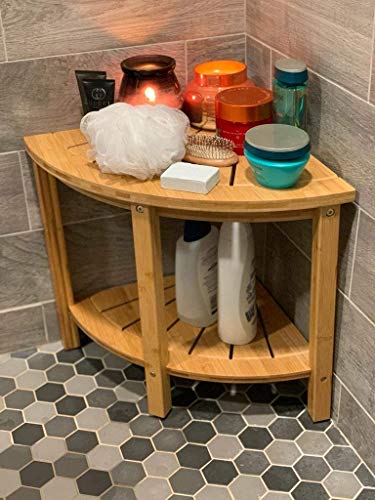 Premium Bamboo Shower Bench & Shower Stool with Storage Shelf… (CornerShape)