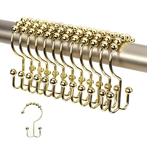 Shower Curtain Hooks Rings, Stainless Steel Double Glide Rollers Extra Wide Shower Curtain Rods Hooks for Bathroom, Set of 18 Hooks - Gold - color: Gold, size: 18 Pcs