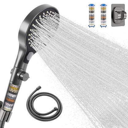 Filtered Handheld Shower Head with Hose and Holder, 5.1" Large High Pressure Shower Wand with 2 Extra Filters, Reinforced Matte Black Showerhead Set for Hard Water, 3 Spray Modes & One-Key Pause