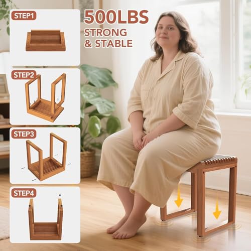 15.7'' Compact Teak Shower Stool, Solid Wood Spa Bench for Walk-In Shower | Waterproof Solid Teak Shower Seat, Shower Foot Rest for Shaving Legs, Bathroom Bench for Inside Shower, Indoor & Outdoor Use - size: Upgraded-Small
