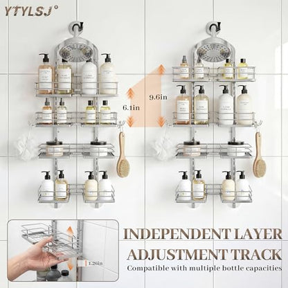 4-Tier Hanging Shower Caddy for Handheld Showerhead, Heavy-Duty Stainless Steel with Dual-Rotating Clamp, Silver - color: 4 Tier-Silver