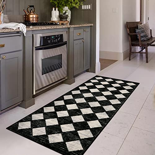 Checkered Kitchen Runner Rug 2x6 Black, Non Slip Washable Hallway Bathroom - color: Black, size: 2' x 6' (Runner)