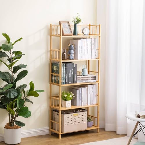 5-Tier Expandable Freestanding Open Bamboo Book Shelf - No-Tool Assembly & Modular,Bathroom Storage Shelf Unit Plant Stand for Small Space, Bedroom, Living Room, Home Office (Natural, 5-Tier WithRail) - color: Natural 5-tier-2
