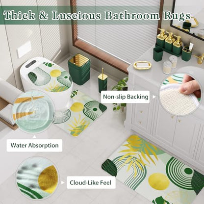 Bathroom Set - 27PC Bathroom Sets with Shower Curtain and Rugs, Green Bathroom Set, Bathroom Accessory Set, Trash Can, Toilet Brush & 3 PC Soap Dispensers - color: Dark Green, size: Bath Set+Boho Shower Curtain+Bath Rugs