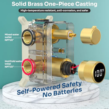 Digital Display Shower Faucet Set Brushed Gold Dual Heads LED Shower System | 14X20" LED Ceiling Shower with Light Remote & 6" Wall Mounted Shower Head & Dual Function Handheld Shower - color: Brushed Gold