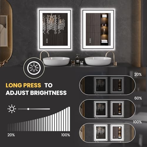 LOAAO 24"X30" LED Bathroom Mirror Black Framed | Anti-Fog, Dimmable, Memory Function, Tempered Glass, Lighted Vanity Mirror for Wall - size: 24"L x 30"W