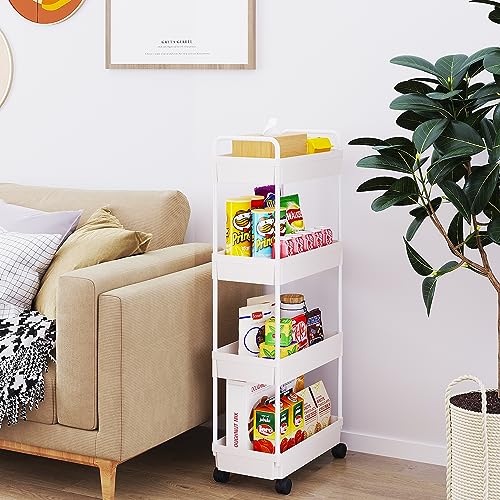 Buzowruil Rolling Storage Cart 4 Tier Organizer Mobile Shelving Unit Storage Rolling Utility Cart with Wheels for Kitchen Bathroom Laundry,White