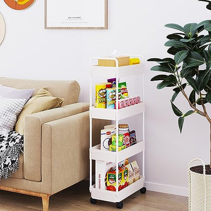 Buzowruil Rolling Storage Cart 4 Tier Organizer Mobile Shelving Unit Storage Rolling Utility Cart with Wheels for Kitchen Bathroom Laundry,White