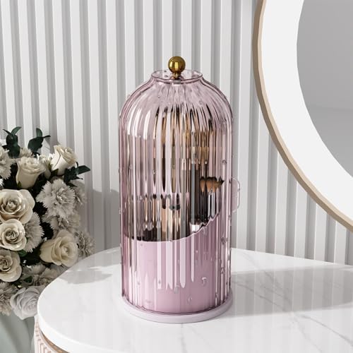 GAXmi Makeup Brush Holder with Lid Rotating Cosmetic Organizer, Pink-Purple | 360 Rotation, Waterproof, Dustproof, Moistureproof - color: Pink-Purple