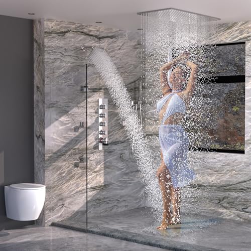 HOMEDEC Dual Shower Heads Shower System with Rain Shower and Handheld, 6pcs Body Jets with 15.7x31.5" Rainfall and 6" Shower Heads, Chrome - color: Chrome, style: 4-Way + 1x 6" Top