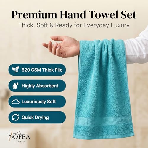 Sofea Hand Towels 6 Pack (16 x 28 Inches) 100% Cotton Bathroom Towels, Soft Absorbent Quick Dry Hand Towels for Bathroom Kitchen - color: Aqua Green