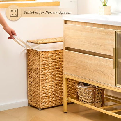Handwoven Slim Laundry Hamper with Lid, Narrow Wicker Laundry Basket, Natural Water Hyacinth Basket and Handleswith Removable Liner Bag & 2 Mesh Bags (Natural with Lid, 75L) - color: Hyacinth with Lid, size: 75L