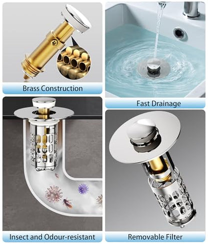 QYHNYJF Upgraded Bathroom Sink Stopper – Universal Pop-Up Drain Plug with Anti-Clog Hair Catcher, Durable Stainless Steel & Silicone Seal, Fits Standard 1.1-1.5 Inch Sink Drains, Silver - color: Silver