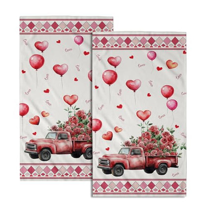 Giwawa Watercolor Valentine Truck Hand Towel Red Rose Flowers Kitchen Towels Love Heart Cotton Towel Set of 2 - color: Valentine Rose Truck-red, size: 28.3" x 14.4"(Pack of 2)