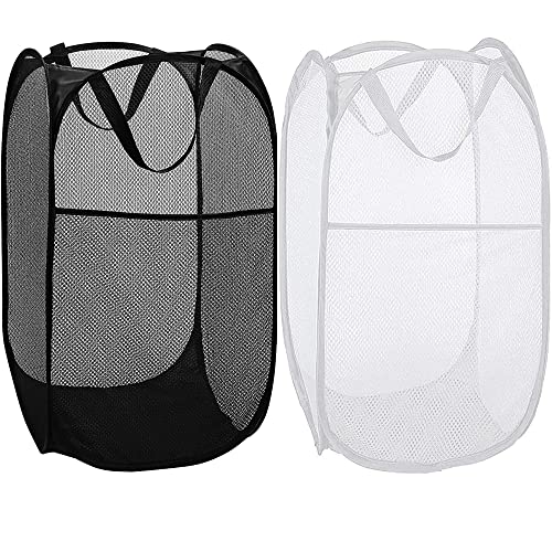 BATTOO Deluxe Strong Mesh Pop up Laundry Hamper Basket with Side Pocket for Laundry Room, Bathroom, Kids Room, College Dorm or Travel Black+White - color: Black+White, size: 2 pack