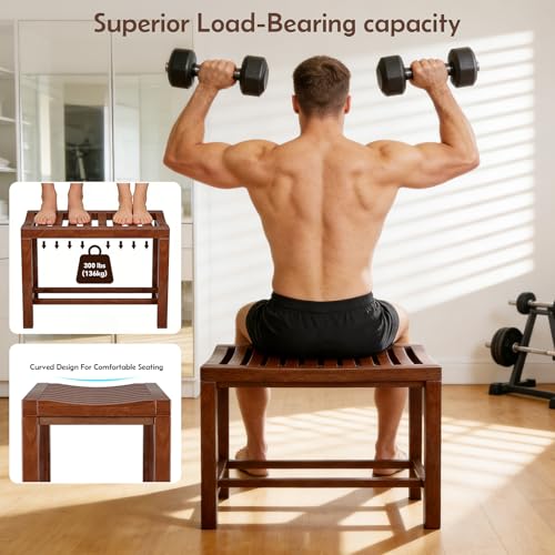 Rubber Wood Shower Bench, Non-Slip Waterproof Wooden Shower Stool for Adults & Elderly, Sturdy Bath Seat for Inside Shower or Tub – 24.02" D x 14.96" H x 6.3" W - size: 24.02"