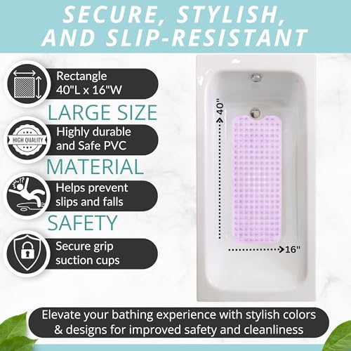 ENKOSI Non-Slip Bath & Shower Mat 40x16 Extra Long, Suction & Drain Holes | Clear Purple look; Durable PVC; 40x16 in, Clear Purple - color: Clear Purple