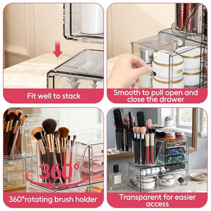 ShineMe Acrylic Makeup Organizers, 2 Tier Stackable Cosmetic Organizer for Vanity with 360° Rotating Makeup Brush Holder & 5 Drawers, Clear Hair Accessory Organizer Countertop for Dresser, Bathroom - size: 2tires, 5 drawers