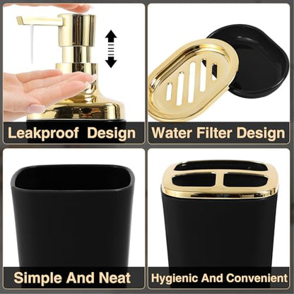 Bathroom Sets with Shower Curtain and Rugs Bathroom Accessories Set Black Bathroom Set,Soap Dispenser & Toilet Brush Holder Set with Stainless Steel Trash Can(23 PCS) - size: Black, style: Bath Set+Ombre Waffle Shower Curtain+Bath Rugs