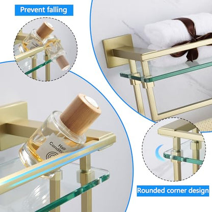 LANC Bathroom Glass Shelf with Towel Bars 20-Inch Floating Tempered Glass Shelves with 2 Towel Rails Brushed Gold Cologne Shelf for Men Shower Bath Storage Glass Rack Wall Mount Heavy Duty，A7617BG - color: Brushed Gold