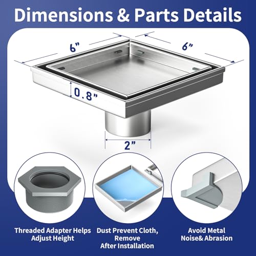 Square Shower Drain, 304 Stainless Steel Floor Drain 6" | with Tiled Insert Grate & Hair Strainer, Bathroom 2-in-1 Tiled in Drain, CUPC Certified - color: Brushed, size: 6''