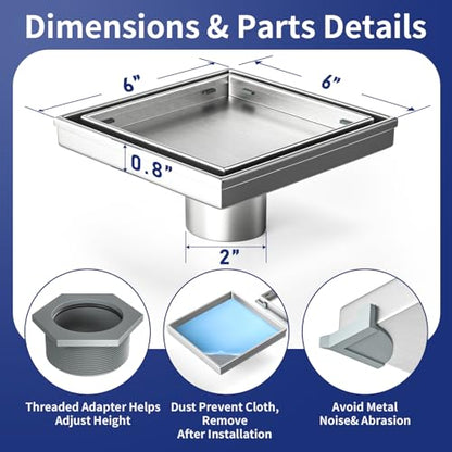 Square Shower Drain, 304 Stainless Steel Floor Drain 6" | with Tiled Insert Grate & Hair Strainer, Bathroom 2-in-1 Tiled in Drain, CUPC Certified - color: Brushed, size: 6''