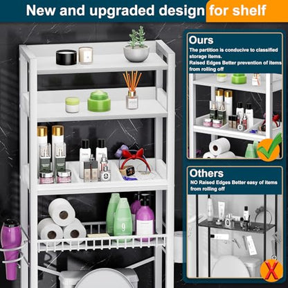 Over The Toilet Storage Cabinet,4 Tier Bathroom Organizer and Storage With Adjustable Shelf Waterproof Feet Pad and Basket Multifunctional Space Saver Freestanding Bathroom Shelves With Dividers White - color: White