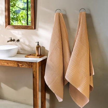 PÜSKÜL - Turkish Waffle Weave Towel Set - 100% Turkish Cotton Long-Staple Cotton, 4-Piece Bathroom Set (2 Bath, 2 Hand Towels) - Made in Turkey (Beige, Towel Set - 2 Hand & 2 Bath Towels) - color: Beige, size: Towel Set - 2 Hand & 2 Bath Towels