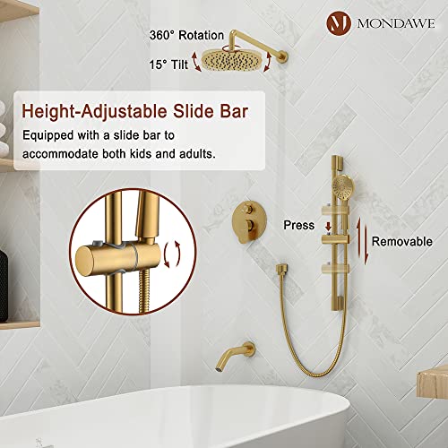 MONDAWE 9 Inch Wall Mounted Shower Faucet Set with Tub Spout in Brushed Gold, Rainfall Shower Head with 3-Setting Handheld Spray Shower Combo, High Pressure Shower System with Solid Brass Valve - color: Brushed Gold, style: 9 IN - With Tub Spout