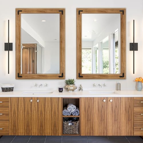 Wood Framed Bathroom Vanity Mirror for Wall, 28"x40" Farmhouse Mirror | Solid Wood Frame, HD Shatterproof Glass, Vertical/Horizontal Hanging, Ideal for Bathroom, Living Room, Bedroom - size: 40"L x 28"W