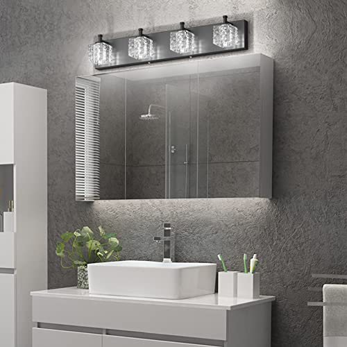 Ralbay Crystal Vanity Lights - 4 LED Modern Matte Black Bathroom Vanity Lights Over Mirror - color: Black, size: 26 inch