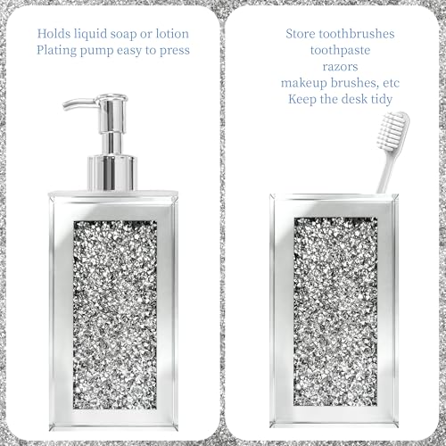 2Pcs Silver Bathroom Set, Mirror Finish & Diamond Accent Soap Holder,Modern | High polish mirror glass, sparkling diamond accents, sleek silhouette, stain proof surface, easy to clean, generous capacity - color: Silver