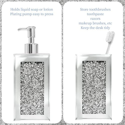 2Pcs Silver Bathroom Set, Mirror Finish & Diamond Accent Soap Holder,Modern | High polish mirror glass, sparkling diamond accents, sleek silhouette, stain proof surface, easy to clean, generous capacity - color: Silver