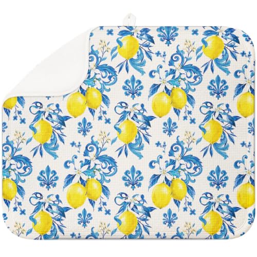 Lemon Kitchen Counter Dish Drying Mat, 16x18, Blue Yellow Microfiber Pad | Absorbent microfiber catches drips, non-slip backing protects counters, foldable mat stores easily for dishes, cups and pans - color: Lemon Yellow, size: 16" x 18"