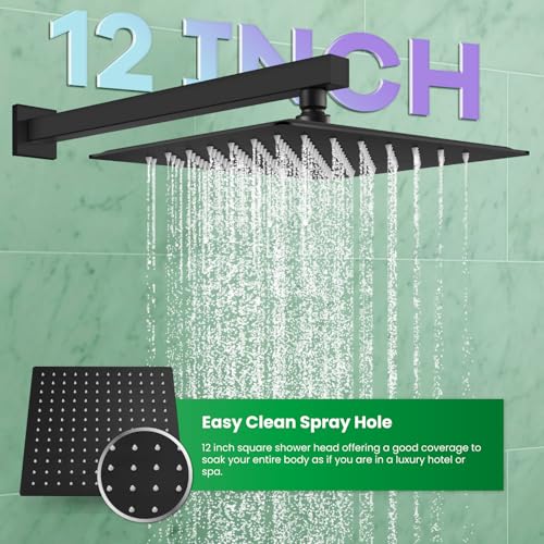 gotonovo Rainfall Bathroom Shower System Rain Shower Head and Handle Set Wall Mounted Shower Complete Combo Solid Brass Pressure Balancing Shower Mixer Valve 12 Inch Matte Black - color: Matte Black, size: 12 Inch