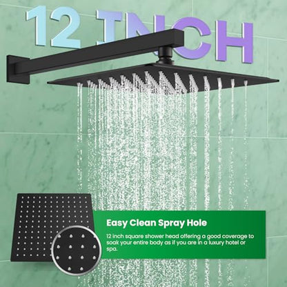 gotonovo Rainfall Bathroom Shower System Rain Shower Head and Handle Set Wall Mounted Shower Complete Combo Solid Brass Pressure Balancing Shower Mixer Valve 12 Inch Matte Black - color: Matte Black, size: 12 Inch