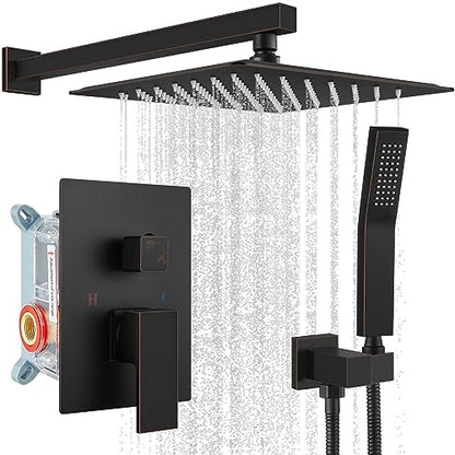 gotonovo Rainfall Bathroom Shower System Rain Shower Head and Handle Set Wall Mounted Shower Complete Combo Solid Brass Pressure Balancing Shower Mixer Valve 10 Inch Oil Rubbed Bronze - color: Oil Rubbed Bronze, size: 10 Inch