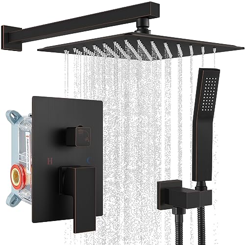 gotonovo Rainfall Bathroom Shower System Rain Shower Head and Handle Set Wall Mounted Shower Complete Combo Solid Brass Pressure Balancing Shower Mixer Valve 10 Inch Oil Rubbed Bronze - color: Oil Rubbed Bronze, size: 10 Inch